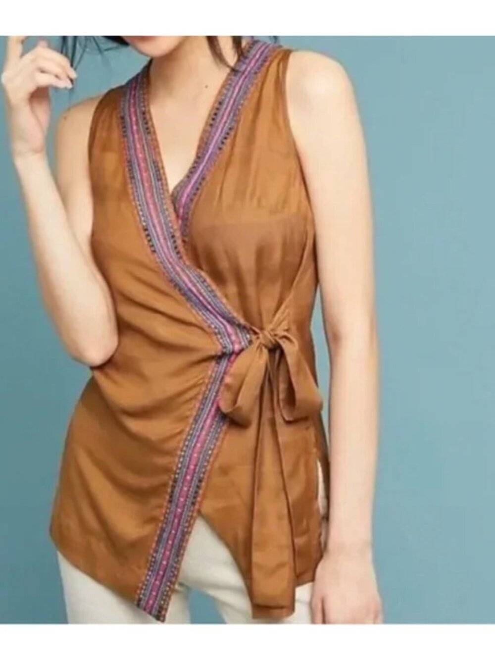 Maeve Liviana Tunic Wrap Sleeveless Top Womens Medium Brown Embroidered NWT